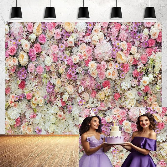 20x10ft Pink Rose Floral Flower Wall Backdrop Girls Wedding Birthday Bridal Shower Kids Portrait Background Photoshoot Cake Table Tea Party Photoshoot Decorations Photo Studio Props