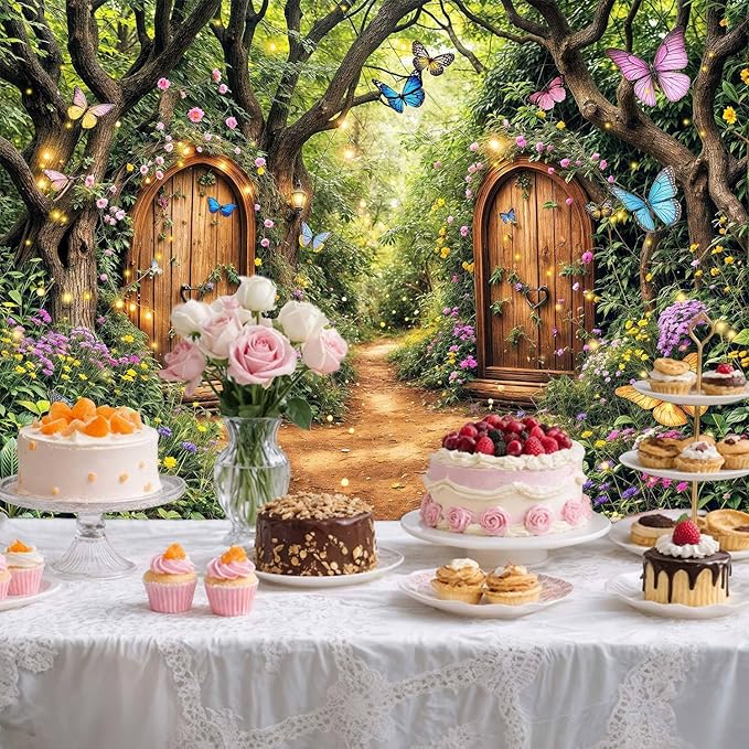 20X10ft Enchanted Forest Backdrop Fairy Tale Green Enchanted Garden Wonderland Floral Butterfly Photography Background for Kids Girl Baby Shower Birthday Party Decoration Banner Booth Props