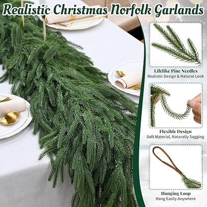 Palonu 2 Pcs 5Ft Artificial Norfolk Garland, Faux Christmas Greenery Touched Like Real Needles Pine, Decoration for Table Mantle Wall Porch Fireplace Indoor Outdoor Winter Holiday Décor