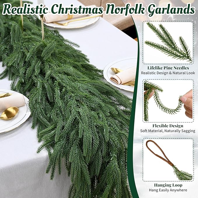 Palonu 1Pcs 9Ft Artificial Norfolk Garland, Faux Christmas Greenery Touched Like Real Needles Pine, Decoration for Table Mantle Wall Porch Fireplace Indoor Outdoor Winter Holiday Décor