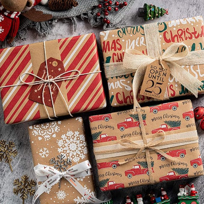 RUSPEPA Wrapping Paper, Kraft Paper - Snowflakes, Car and Christmas Tree, Stripes and Merry Christmas - 4 Rolls - 30 inches x 10 feet per Roll