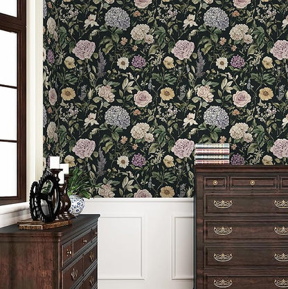 HeloHo Vintage Floral Peel and Stick Wallpaper Boho Contact Paper Dark Flower Self-Adhesive Removable Wallpaper Renter Friendly Botanical Wall Paper for Cabinets Bedroom Vinyl Rolls 17.3"x78.7"
