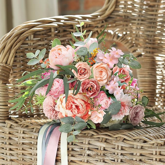 Artificial Flowers Combo Box, Fake Silk Foam Flower Mix with Wire Stem, DIY Wedding Bridal Bouquet Shower Party Home Décor (30-40 Pieces) (Pink)