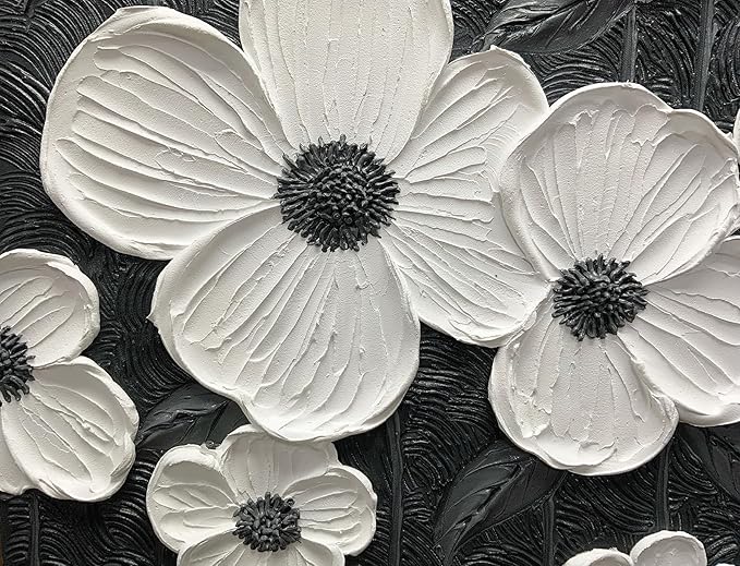 moshinart 24 x 36in Hand-Painted Oil Painting 3D Texture Black White Grey Modern Minimalist Black Abstract Wall Art, Home Office Wall Decoration Petal