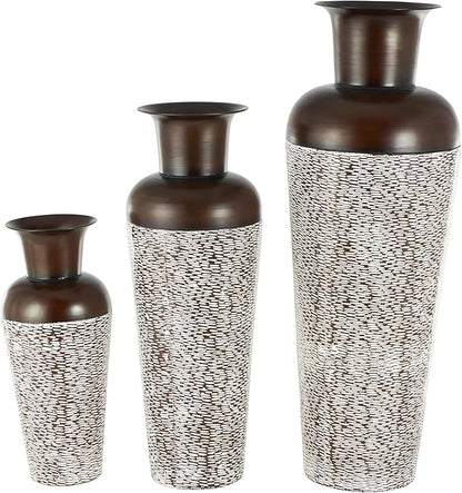 Deco 79 Metal Decorative Vase Tall Spotted Tapered Floor Centerpiece Vases with Brown Trumpet Tops, Set of 3 Flower Vases for Home Decoration 18", 39", 28" H, White