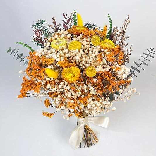 Handmade Dried Flower Bouquet – Natural Orange & Yellow Floral Arrangement with Baby’s Breath, Craspedia, and Eucalyptus – Rustic Boho Style for Home Decor, Weddings, Fall Decor