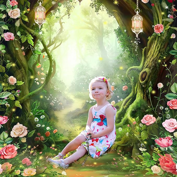 Riyidecor Enchanted Fairy Backdrop Polyester Fabric Fantasy Spring Wonderland Flower Greenery Woodland Tale 6Wx8H Feet Rose Nature Tree Photography Background Birthday Baby Shower Photo Studio Shoot