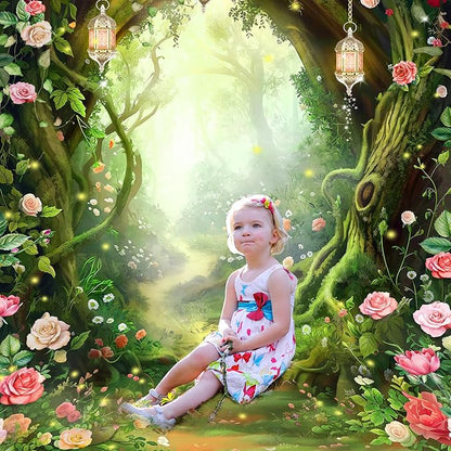 Riyidecor Enchanted Fairy Backdrop Polyester Fabric Greenery Woodland Tale Wonderland Flower Rose Fantasy Spring Nature Tree 5Wx7H Feet Floral Plant Photography Background Birthday Photo Studio Shoot