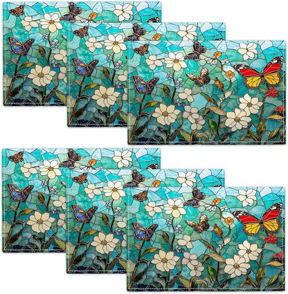 Butterfly Teal Placemats Set of 6, Colorful Stained Glass Place Mats, Rustic Flowers Dining Table Mats, Washable Placemats for Kitchen Dining Room Home Decor 18L'' × 12W''