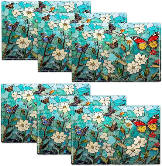 Butterfly Teal Placemats Set of 6, Colorful Stained Glass Place Mats, Rustic Flowers Dining Table Mats, Washable Placemats for Kitchen Dining Room Home Decor 18L'' × 12W''