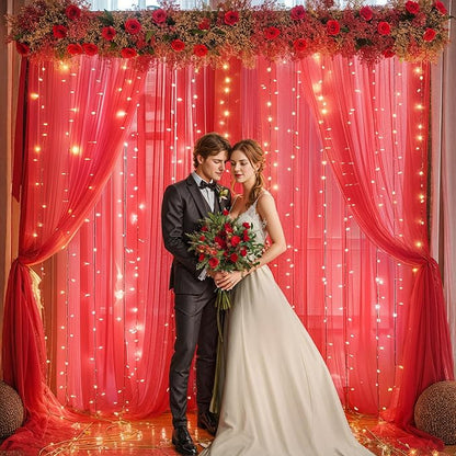 10x10ft Red Tulle Backdrop Curtain with Lights String for Parites, Sheer Backdrop Curtains for Christmas Wedding Baby Shower Birthday Party Photo Shoot Decorations