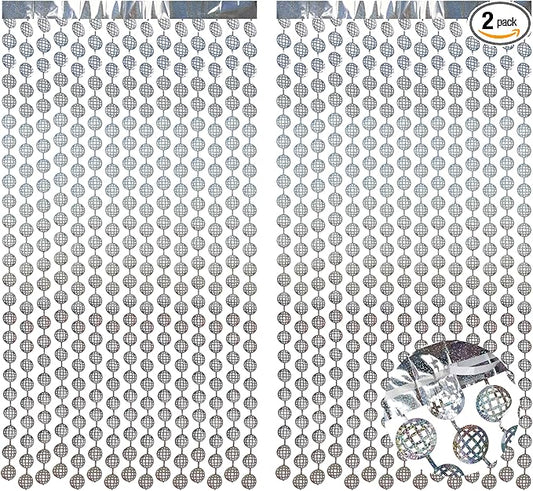 BRAVESHINE Hanging Balls Party Streamers Backdrop - 2 Pack Silver Tinsel Foil Fringe Curtains for Christmas/70s/80s/90s/Discoball/Birthdays/Bachelorette/Engagement/Music/Dance/New Years Decorations