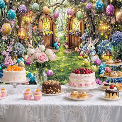 12X10ft Enchanted Forest Easter Backdrop Fairy Tale Rabbit Magic Garden Easter Egg Wonderland Floral Photography Background for Kids Girls Party Decoration Cake Table Photo Booth Props
