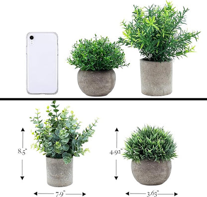 Artificial Plants for Home Decor Indoor. 4 Mini Plants, Rosemary Faux Plant Decor, Eucalyptus Plant, Grass Plants. Small Fake Shelf or Desk Greenery Décor