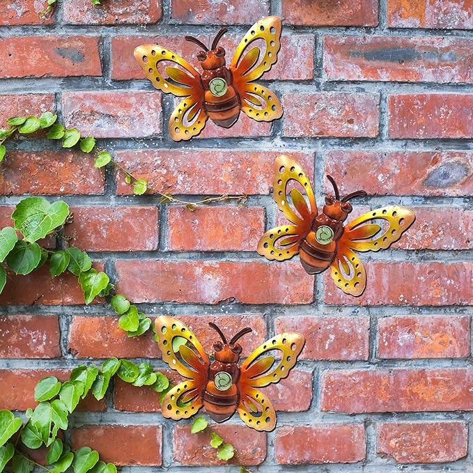 Garden Decor Clearance Metal Bee Wall Art Sculpture, Large Bee Wall Decor Christmas Garden Decoration Hanging for Yard Lawn Patio Living Room Bedroom, 3 Pack, Gift for Family