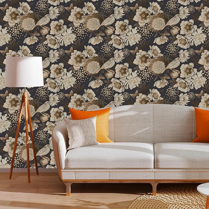 Floral & Birds Peel and Stick Wallpaper Antique Gold Dark Self Adhesive Removable Floral Wallpaper for Bedroom Renter Friendly Floral Contact Paper for Bedroom Bathroom Walls Shelf Liner 17.7"x236.2"