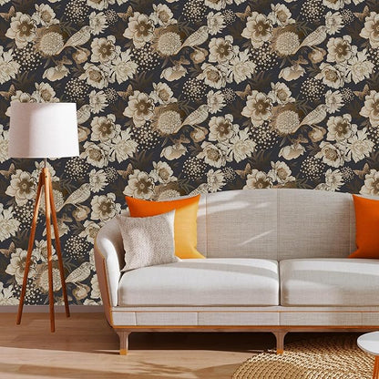 Floral & Birds Peel and Stick Wallpaper Antique Gold Dark Self Adhesive Removable Floral Wallpaper for Bedroom Renter Friendly Floral Contact Paper for Bedroom Bathroom Walls Shelf Liner 17.7"x236.2"