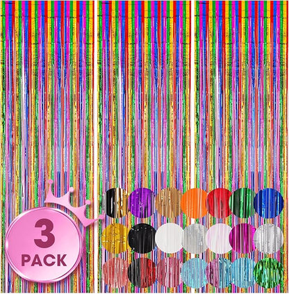 3 Pack 3.3x8.2 Feet Rainbow Foil Fringe Backdrop Curtains, Tinsel Streamers Birthday Party Decorations, Fringe Backdrop for Graduation, Baby Shower, Gender Reveal, Disco Party