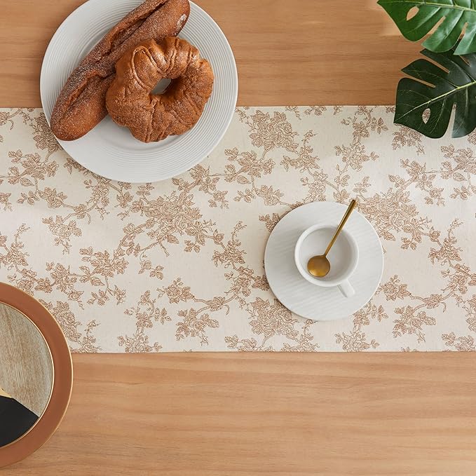 100% Cotton French Pastoral Table Runners, 13x72 Inch Brown Farmhouse Table Runners 72 Inches Long, Vintage Flowers Print Home Decors