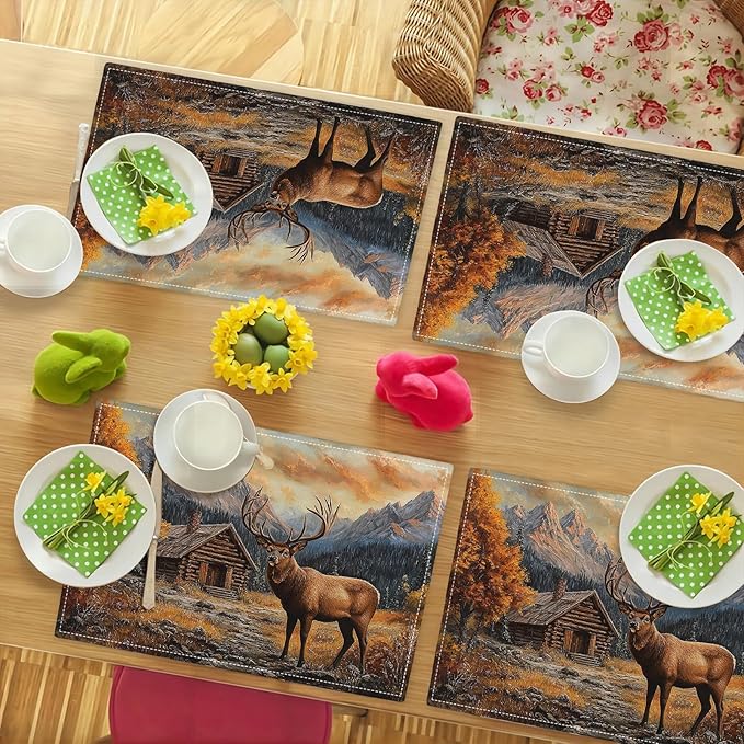 Farmhouse Deer Placemats Set of 4, Country Natural Place Mats, Rustic Forest Lodge Elk Wildlife Dining Table Mats, Washable Placemats for Kitchen Dining Room 18L'' × 12W''