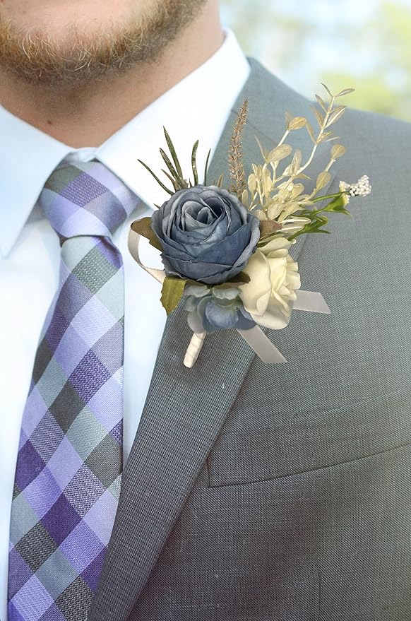 Corsage and Boutonniere Set Corsage Wistlet Dusty Blue Corsage Wrist Artificial Flower Perfert for Proms | Weddings for Bride,Bridesmaids, Groom,Groomsmen Decor (Dusty Blue)
