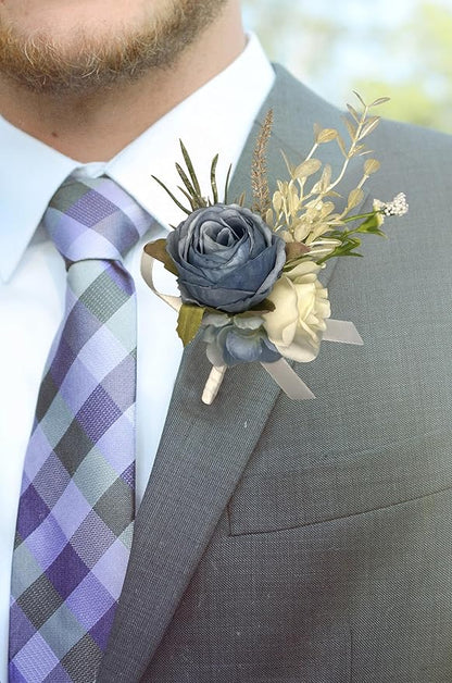 Corsage and Boutonniere Set Corsage Wistlet Dusty Blue Corsage Wrist Artificial Flower Perfert for Proms | Weddings for Bride,Bridesmaids, Groom,Groomsmen Decor (Dusty Blue)