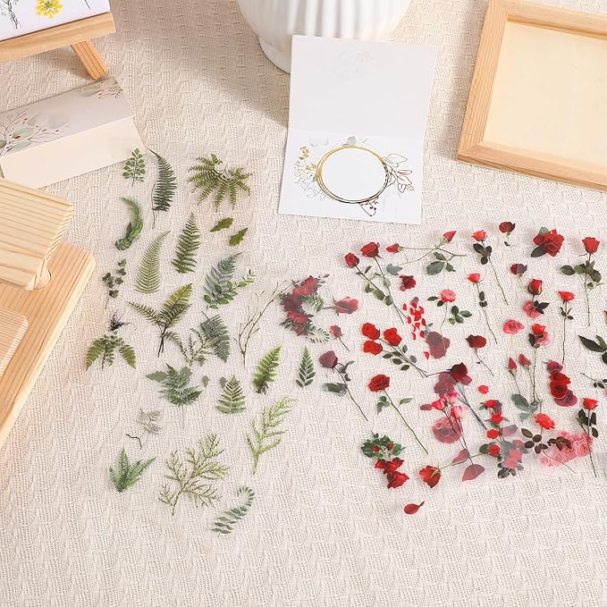 Angoily Vintage Floral Stickers Pet Transparent Flower Decals for Scrapbooking Journals Crafts Planner Decoration with Diverse Botanical Designs