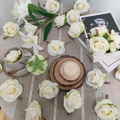Artificial Satin Rose Flower Heads,42 Pcs Silk Rose Heads with Stems,3.5'' Rose Artificial Flowers Bulk,Artificial Rose Flower Heads for DIY Crafts Bouquet (42, Ivory)