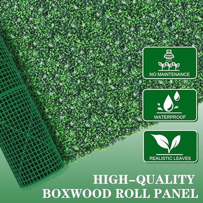 60"x 120"(50 sq.ft) Artificial Boxwood Roll Panels with Flowers, UV-Anti Faux Ivy Leaves Privacy Fence Screen, Grass Wall Roll Panels for Indoor Home Decor and Outdoor Garden Backyard