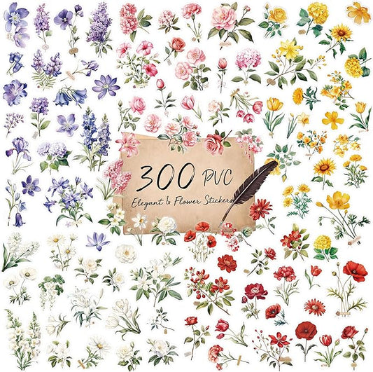 300 PCS PVC Flower Stickers, Self-Adhesive PVC Nature Floral Stickers for Scrapbook, Laptop, Journal, DIY Project, Spring Themed Party Decors