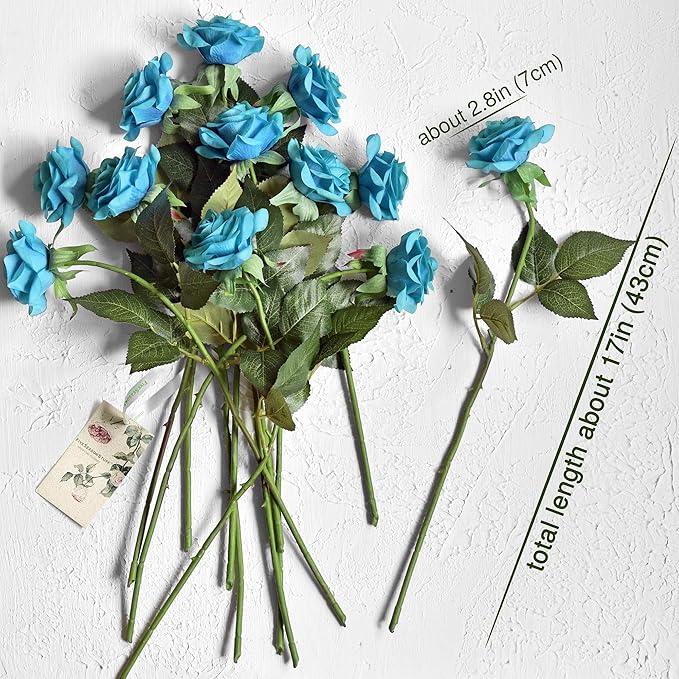 FiveSeasonStuff Silk Roses Artificial Flowers for Decoration, Home Decor Centerpiece for Tables, Wedding Bridal Bouquet of Flowers Real Touch Roses 12 Stems (Teal)