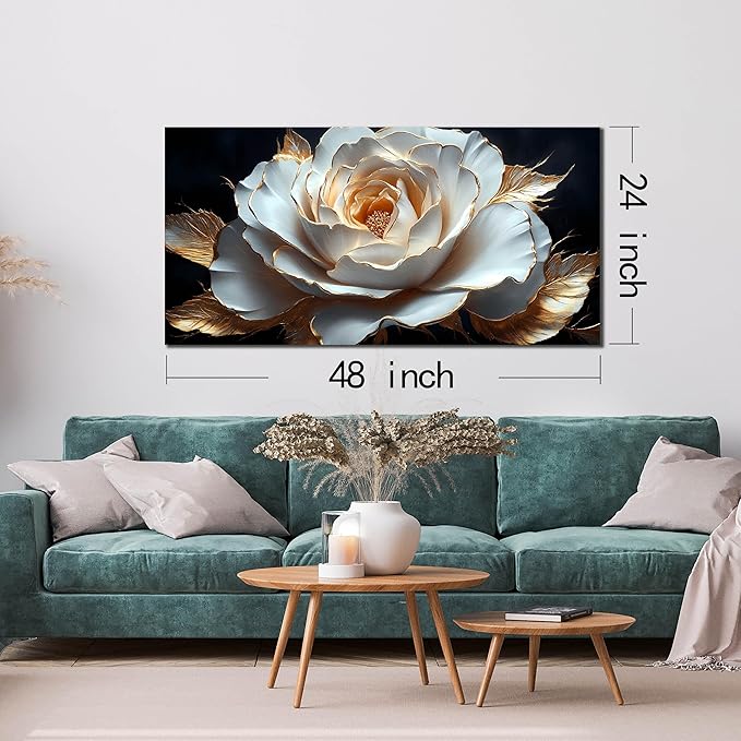 Large White Flower Canvas Wall Art for Living Room Bedroom Home Office Black and White Flower Picture Modern Canvas Prints Framed Wall Decor Artwork Size 24x48