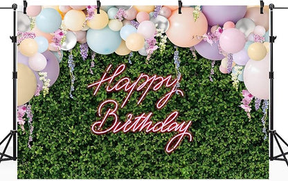 Riyidecor Green Leaves Happy Birthday Backdrop Polyester Fabric for Women Girls Neon Balloons Flower Wall Spring 7Wx5H Feet Rustic Plant Botanical Photography Background Birthday Photo Studio Shoot