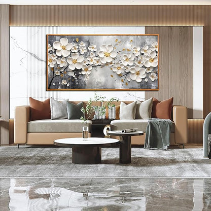 White Flower Art for Walls In Living Room - Office Wall Decor for Women - Wooden Framed Wall Art for Bedroom Size 29" x 59"