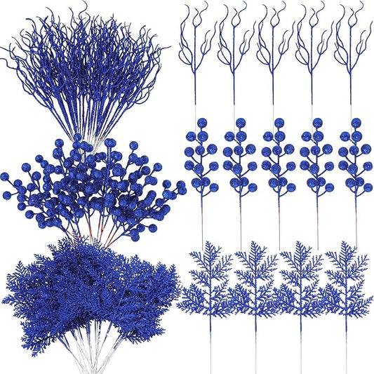 75 Pcs Christmas Glitter Branches 3 Styles Artificial Christmas Picks Berries Stems Pine Needles Floral Twig Spray for Xmas Tree Ornaments DIY Wreath Garland(Blue)
