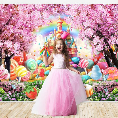 Riyidecor Princess Candyland Castle Backdrop Pink Fairy Sakura Rainbow 7Wx5H Feet Flower Floral Fantasy Tale Wonderland Photography Background Birthday Wedding Photo Studio Shoot Polyester Fabric