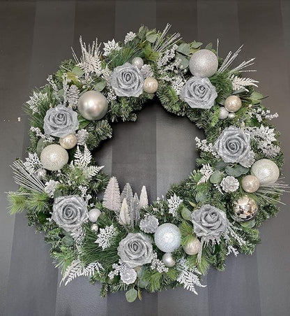 Artificial Roses 30PCS Silver Flowers 3.15" Glitter Roses Artificial Flowers with Stems for DIY Wreath Wedding Christmas Home Party Decor(Silver)