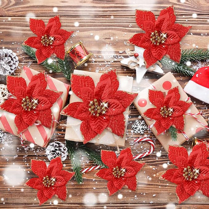 WILLBOND 24 Pcs 3 Size Poinsettia Flower Artificial Christmas Decor Glitter Poinsettia Christmas Ornaments Faux Flowers for Xmas Tree Outdoor(4/6/7.9 Inches,Red)