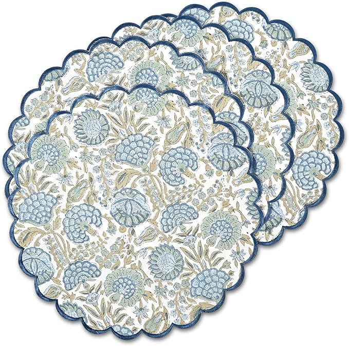 Ridhi Bo-ho Round Place Mat Easter Floral Cotton Washable Placemats 15" Round Embroidery Block Print Table Mat (Pack of 4-15 Inch Round, Asparagus Green)