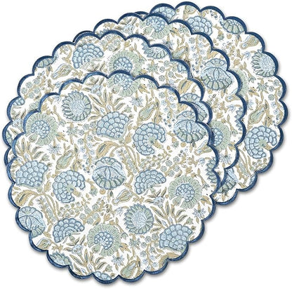 Ridhi Bo-ho Round Place Mat Easter Floral Cotton Washable Placemats 15" Round Embroidery Block Print Table Mat (Pack of 4-15 Inch Round, Asparagus Green)