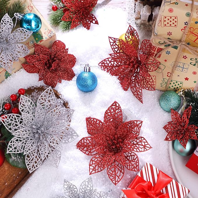 Boao Red,Silver 24 Pieces Poinsettia Flower Christmas Glitter Artificial Poinsettia with Clips Christmas Tree Ornament Decorations for DIY Xmas Wreath Holiday Home Party Decor, 3/4/6 Inches