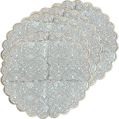Ridhi Bo-ho Round Place Mat Easter Floral Cotton Washable Placemats 15" Round Embroidery Block Print Table Mat (Pack of 4-15 Inch Round, Taupe)