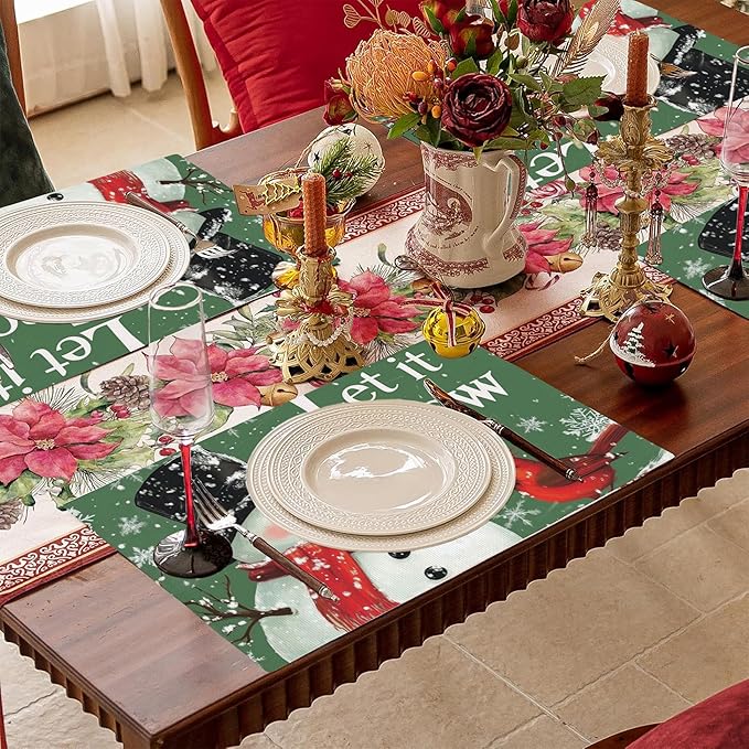 Let It Snow Placemats Set of 4,Christmas Snowman Placemats for Dining Table,Heat Resistant Stain Resistant Wipeable Table Mats for Kitchen Dining Holiday Party Home Decor,12x18 Inch