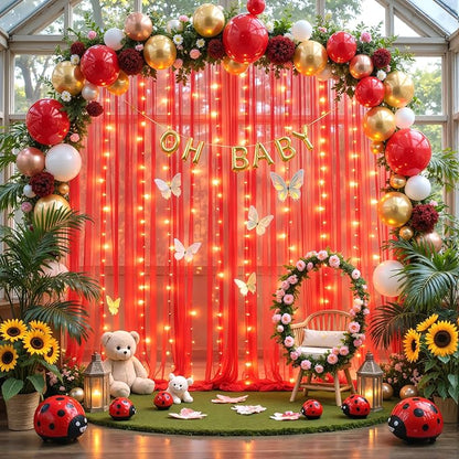 10ft x 8ft Red Tulle Photo Backdrop Curtain with Lights String for Christmas Party Red Sheer Curtain Backdrop Drapes for Birthday Party Wedding Holiday Photo Booth Background Home Room Decorations