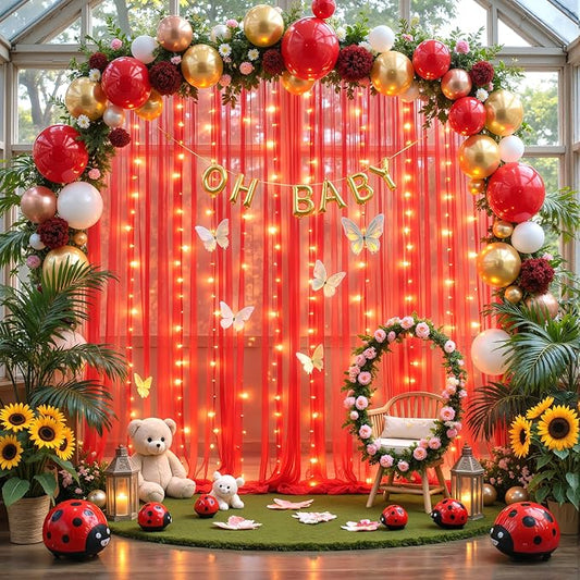 10ft x 10ft Red Tulle Photo Backdrop Curtain with Lights String for Christmas Party Red Sheer Curtain Backdrop Drapes for Birthday Party Wedding Holiday Photo Booth Background Home Room Decorations