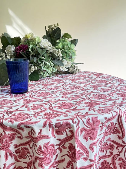 ATOSII Red Bloom 100% Cotton Round Boho Fall Tablecloth, Handblock Floral Table Cloth Linen for Kitchen Dining I Parties Wedding Outdoors Easter Thanksgiving I Fall Home Decor 60" Inches Round