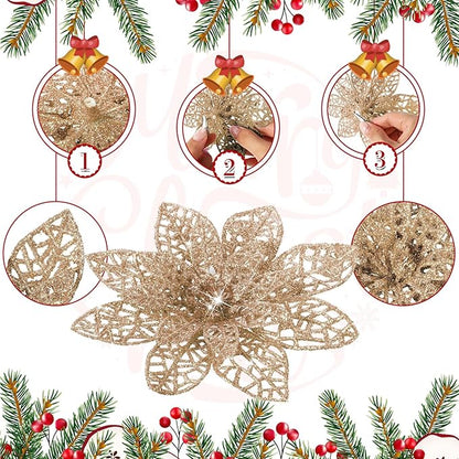 Boao Champagne 24 Pieces Poinsettia Flower Christmas Glitter Artificial Poinsettia with Clips Christmas Tree Ornament Decorations for DIY Xmas Wreath Holiday Home Party Decor, 3/4/6 Inches