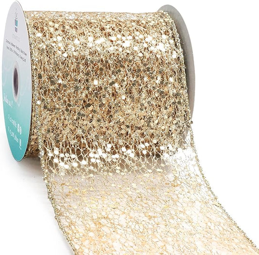 CT CRAFT LLC Sparkling Glitter Mesh Wired Ribbon 4" x 10 Yards Champagne Gold for Christmas Home Decor Bow Gift Wrapping DIY Crafts Wreath