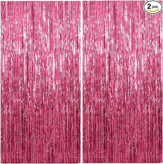 2 Pack Foil Curtain Backdrop Pink Metallic Tinsel Foil Fringe Curtains Photo Booth Props for Birthday Wedding Engagement Baby Shower Bachelorette Christmas Holiday Celebration Party Decorations