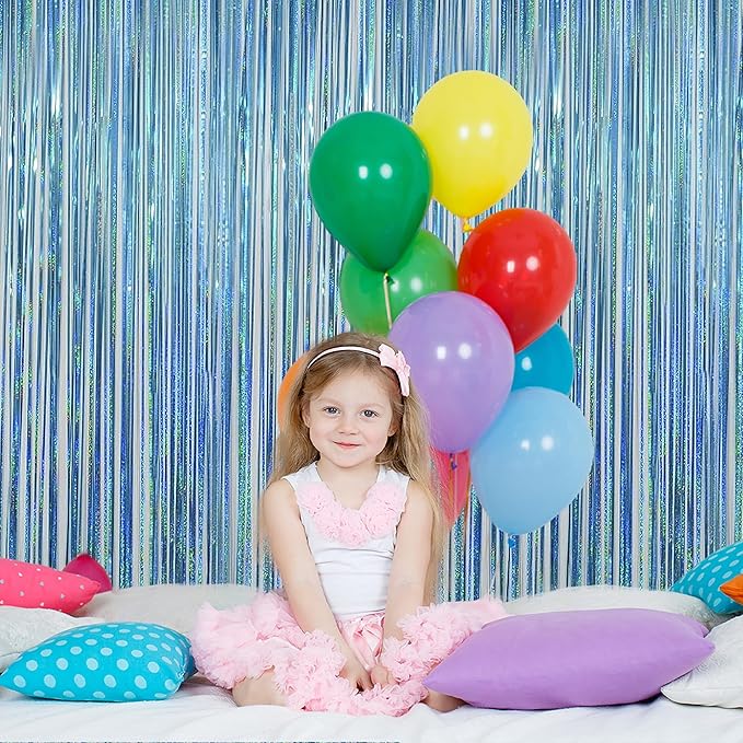 Melsan 2 Pack 3.2 ft x 8.2 ft Tinsel Foil Fringe Curtains Backdrop, Blue Sparkle Metallic Foil Curtains for Party Photo Booth Props Baby Shower Decoration, Light Blue